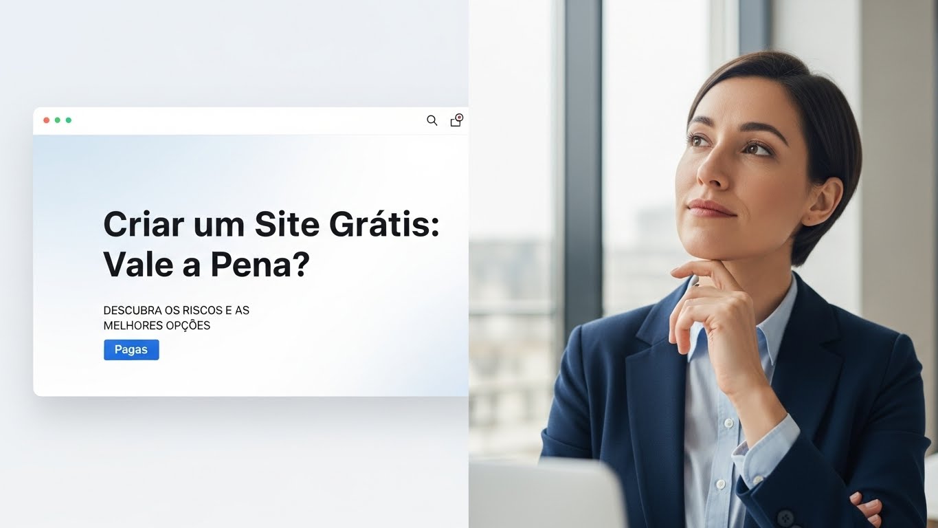Crie uma imagem realista em estilo profissional, com texto em português do Brasil, mostrando Criar Site Grátis: Vale a Pena? Descubra os Riscos e Melhores Opções Pagas