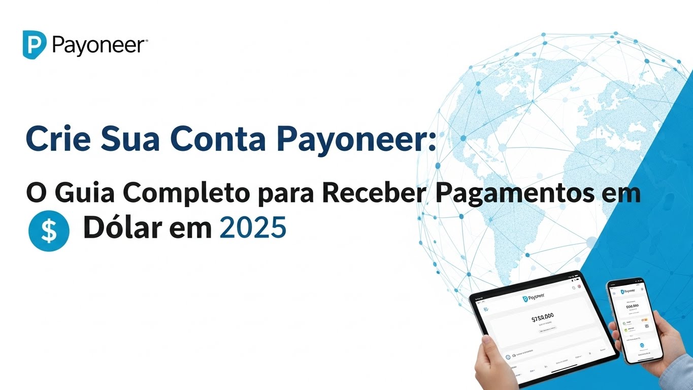 Crie uma imagem realista em estilo profissional, com texto em português do Brasil, Criar Conta na Payoneer: O Guia Completo para Receber Pagamentos em Dólar em 2025